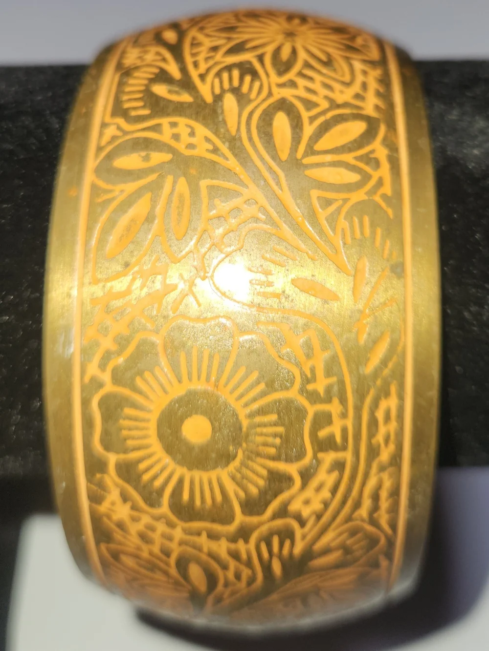 Gold Floral Etched Wide Bangle Bracelet